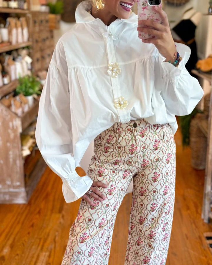 White Shirt with Flower Buttons