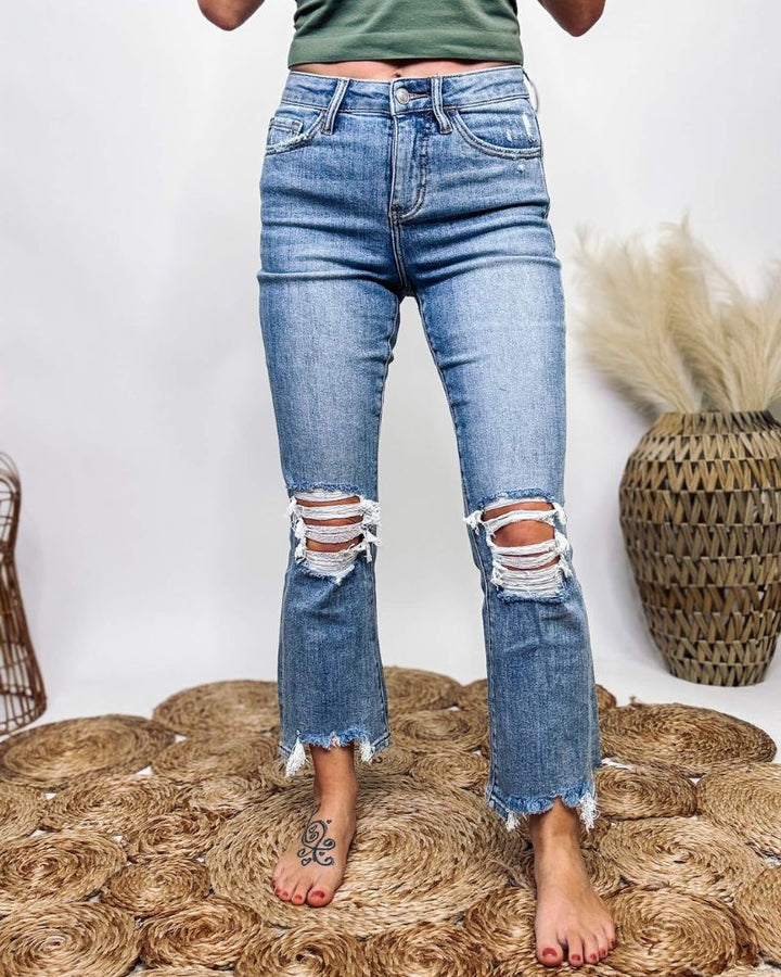 Trendy High Waist Tassel Ripped Wide Leg Jeans