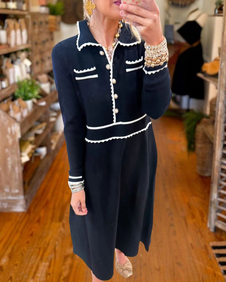 Elegant Navy Knit Long Sleeve Midi Dress