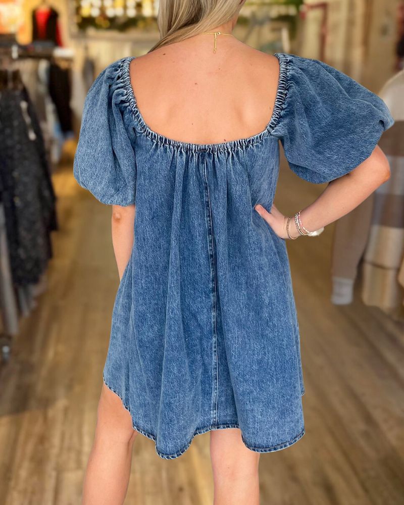 Washed Puff Sleeve Denim Dress