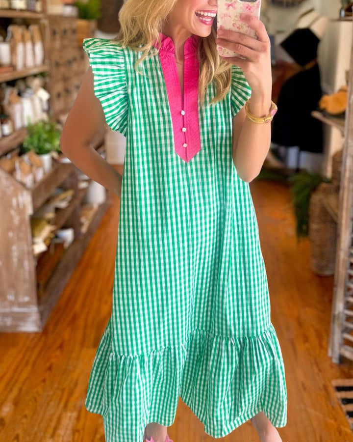 Chic Green Gingham Ruffle Hem Maxi Dress