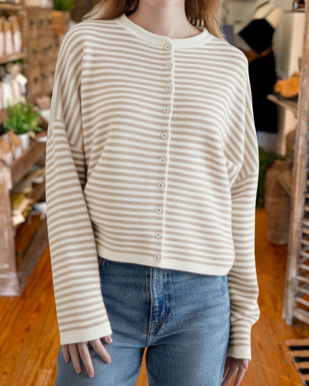 Casual Crew Neck Striped Knit Cardigan