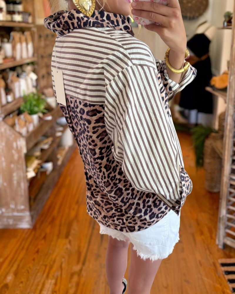 Leopard Patchwork Striped Shirt