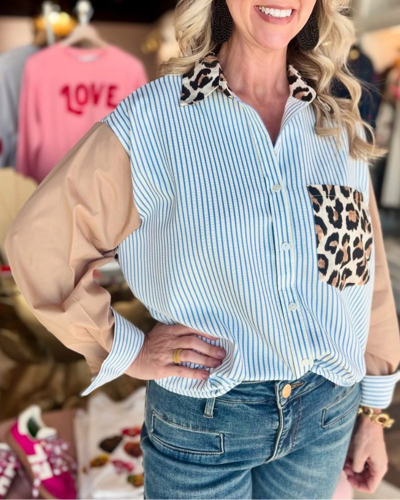 Casual Leopard Print Striped Shirt