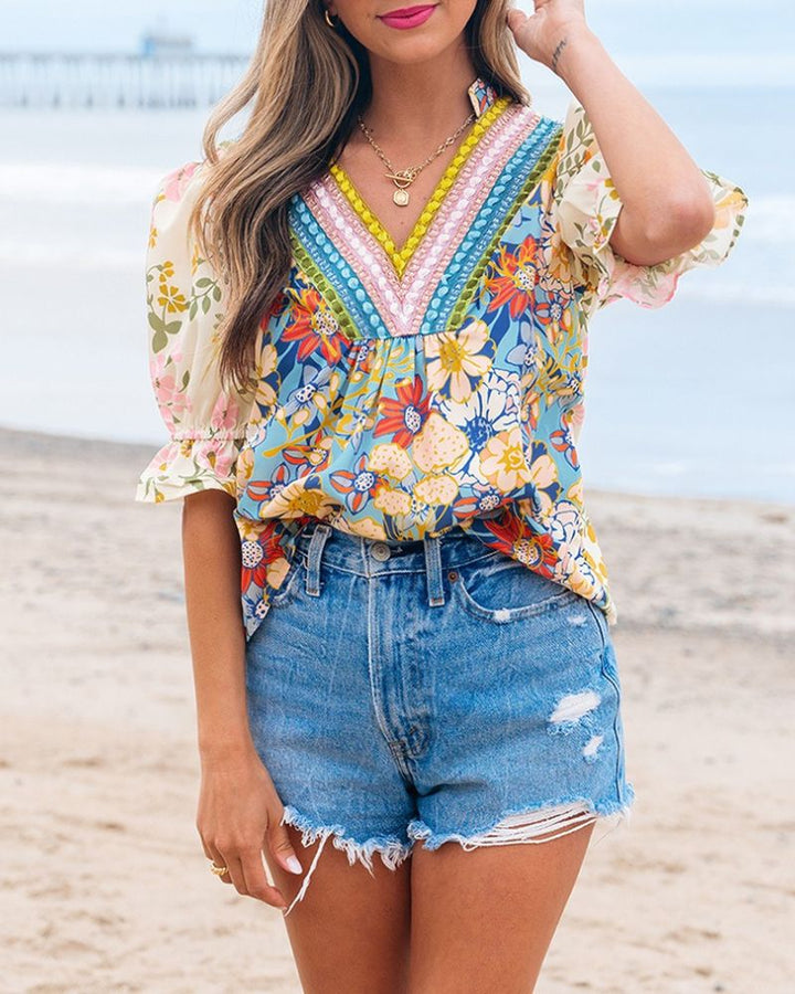 Printed Short-Sleeve Chiffon Shirt