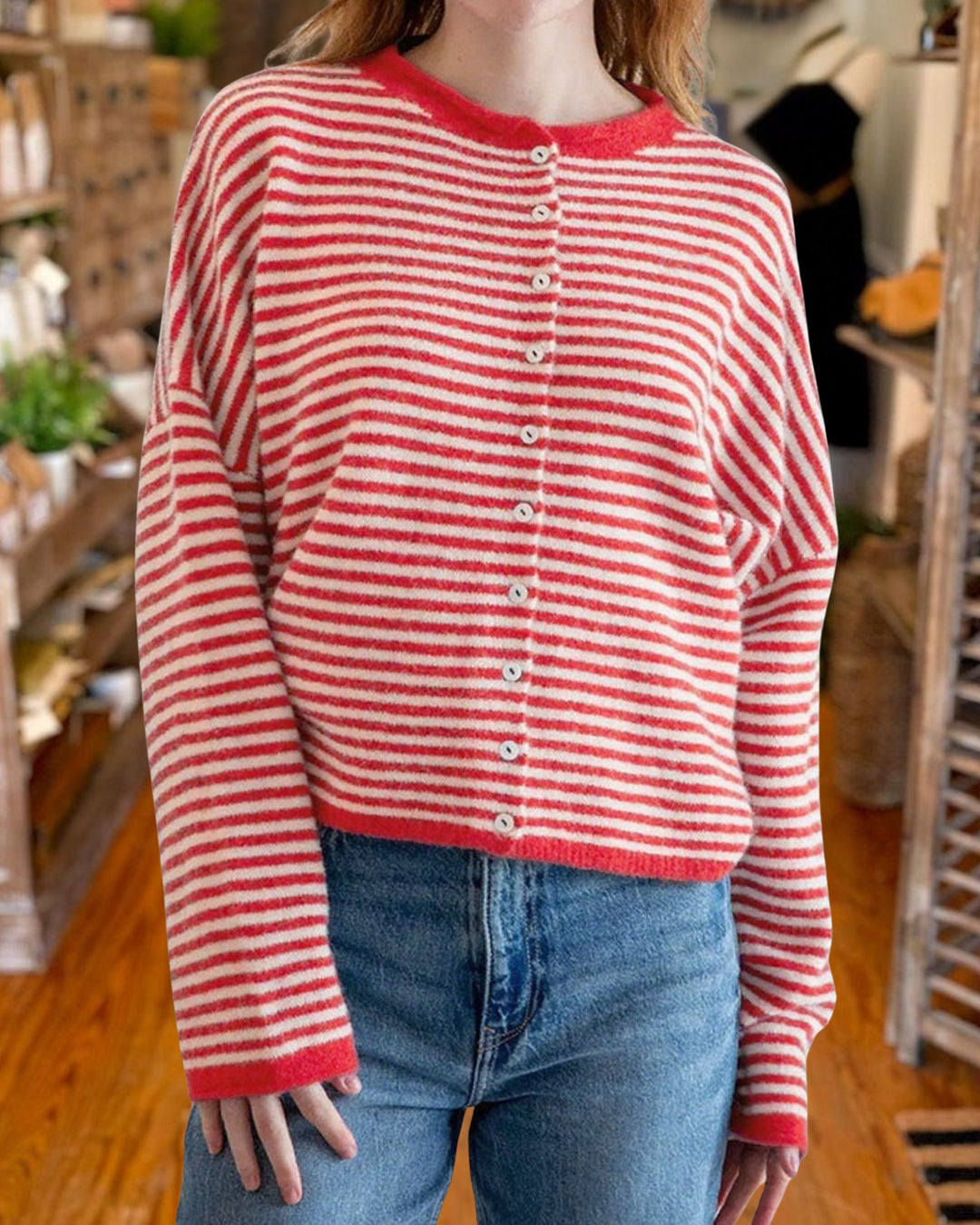 Casual Crew Neck Striped Knit Cardigan