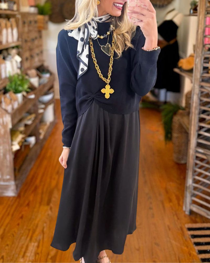 Elegant Black Two-Piece Look Pleated Midi Dress