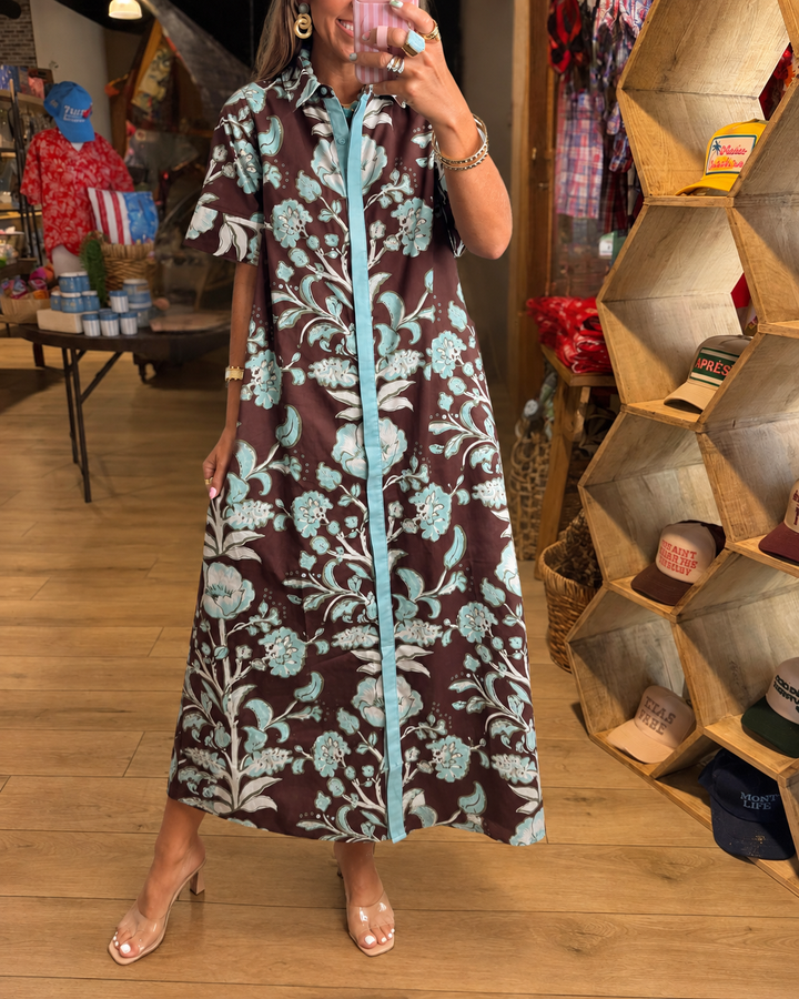 Chic brown aqua floral button-front maxi dress view 1