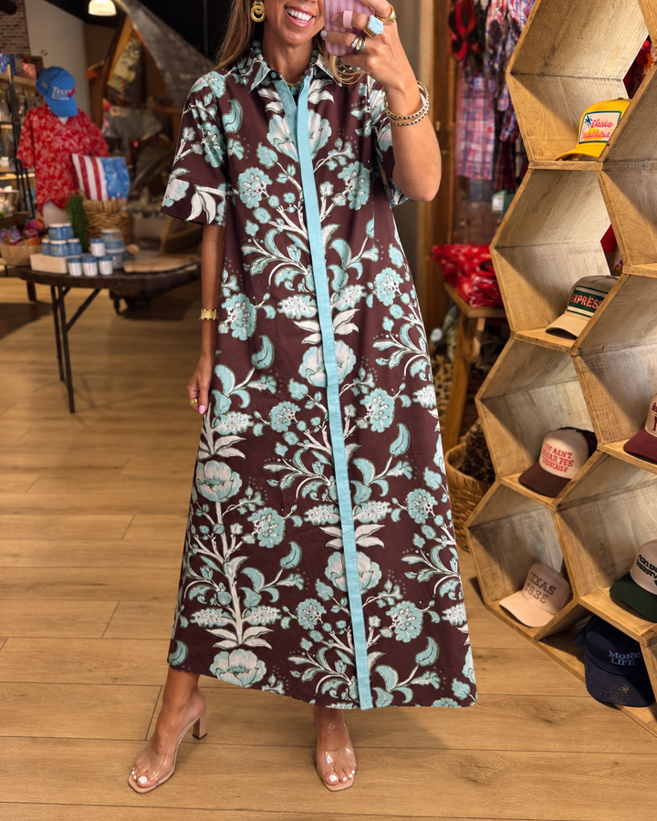 Chic brown aqua floral button-front maxi dress view 2