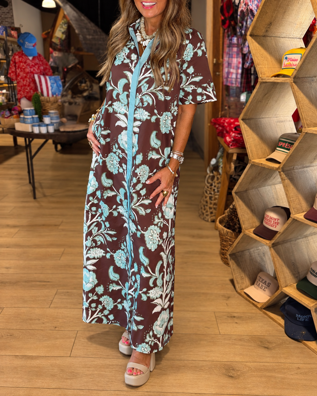 Chic brown aqua floral button-front maxi dress view 3