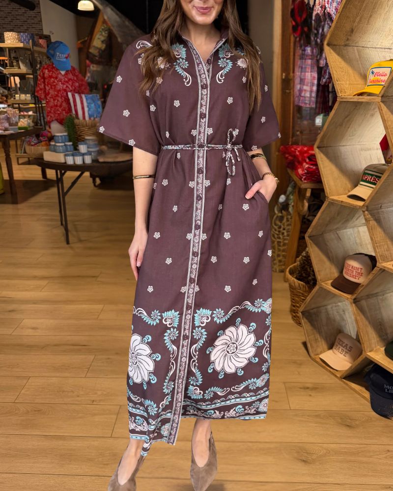 Chocolate brown floral border print belted maxi dress styled view