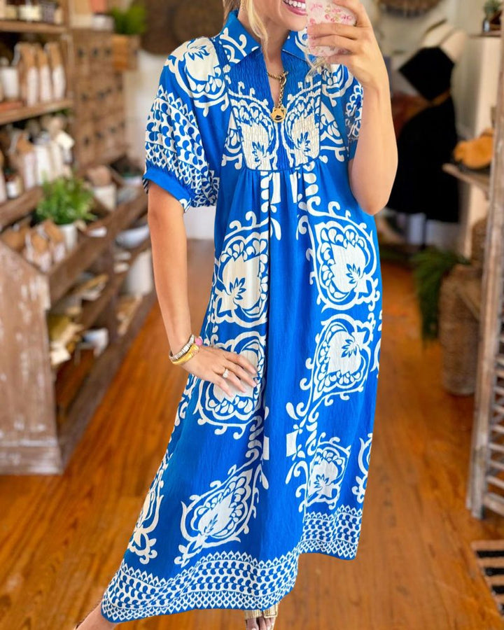 Blue Puff Sleeve Boho Midi Dress