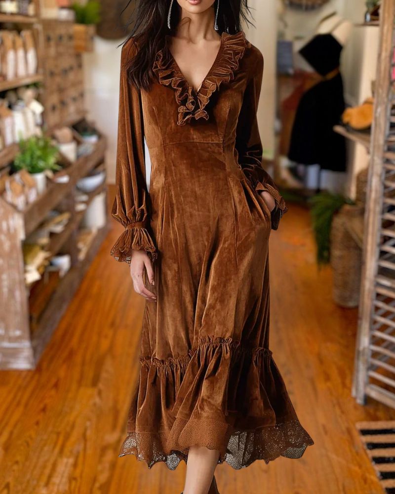French Lace-Trim Velvet Dress