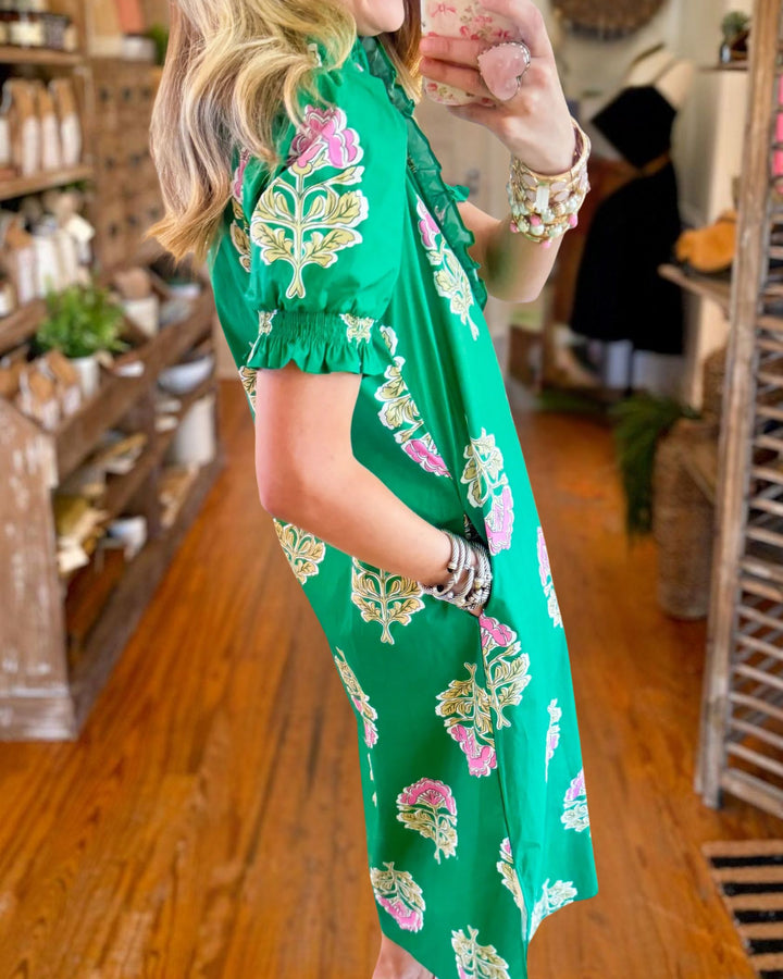 Chic Emerald Floral Midi Dress 