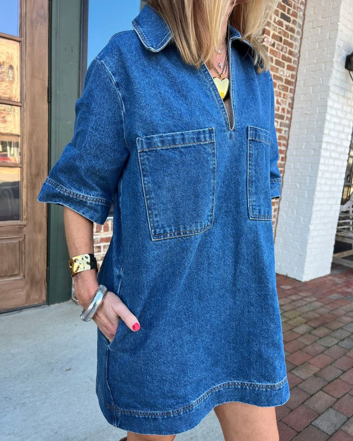 Lapel Short Sleeve Loose Denim Dress