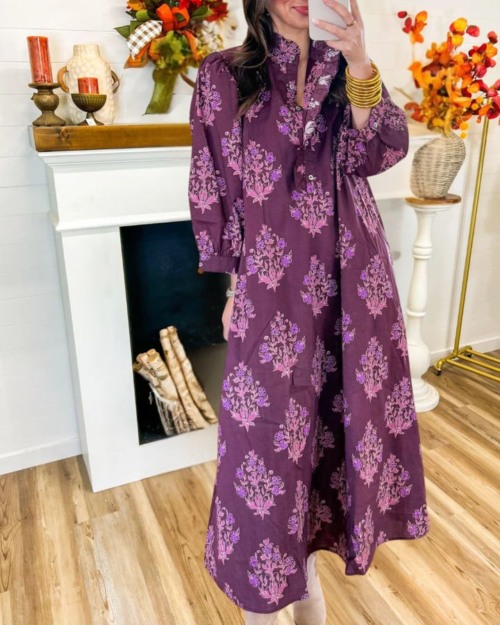 Vintage Floral Print Long Sleeve Maxi Dress