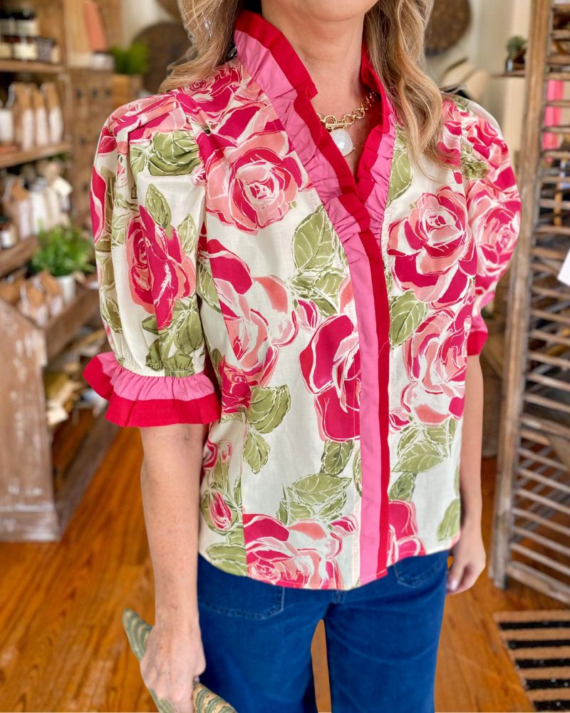 Spring Floral Puff Sleeve Blouse