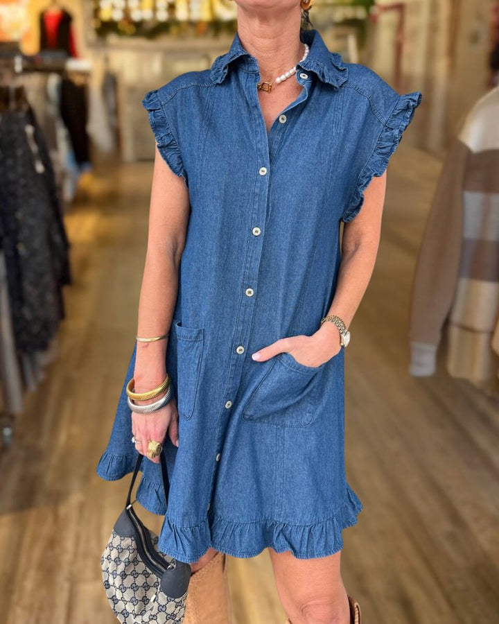 Classic Denim Ruffle Buttoned Short Dress