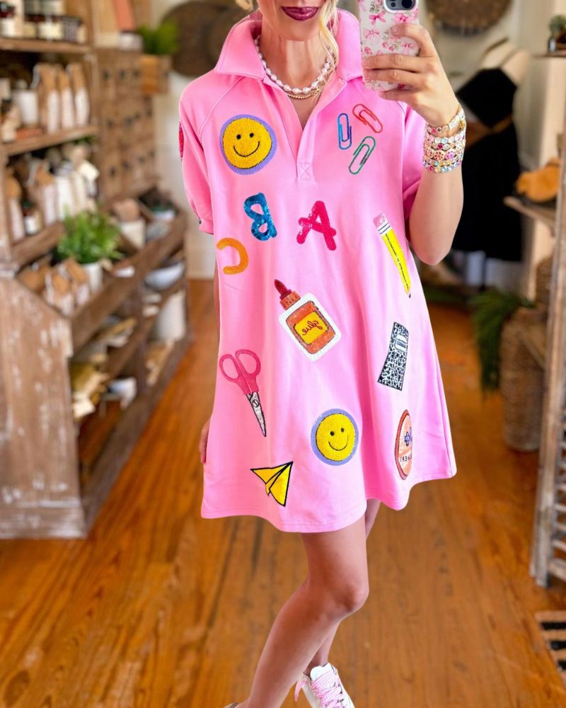 Playful Back-to-School Graphic Polo T-Shirt Dress