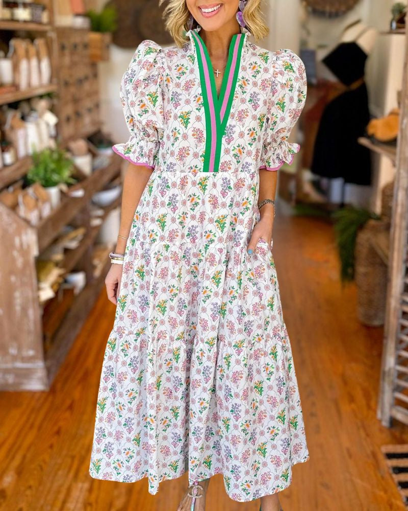Vintage Floral V-Neck Puff Sleeve Midi Dress