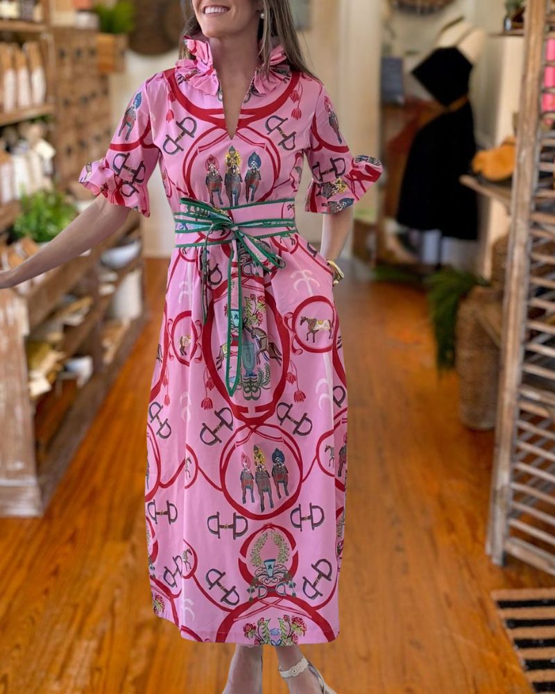 Vintage Print Ruffle Neck Midi Dress