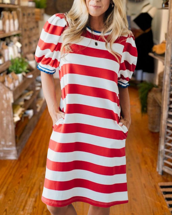 Patriotic Red Stripe Puff Sleeve Mini Dress