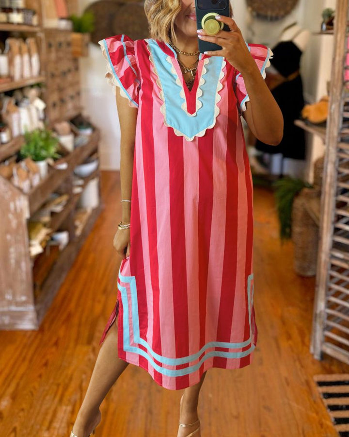 Chic Pink & Red Striped Midi Dress