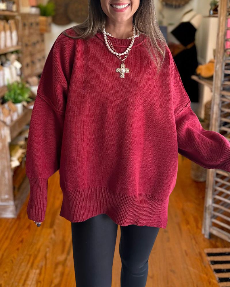 Cozy Batwing Sleeve Side Slit Knit Sweater