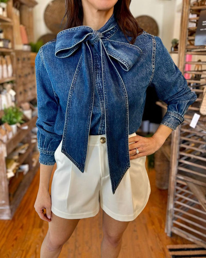 Chic Bow Collar Denim Shirt