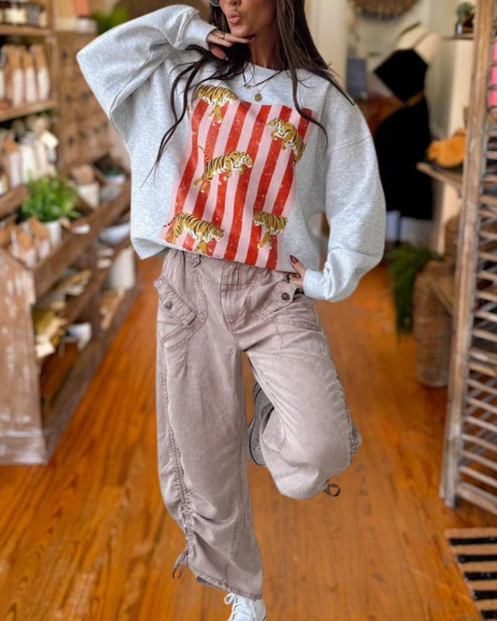 Vintage Tiger Graphic Striped Sweatshirt