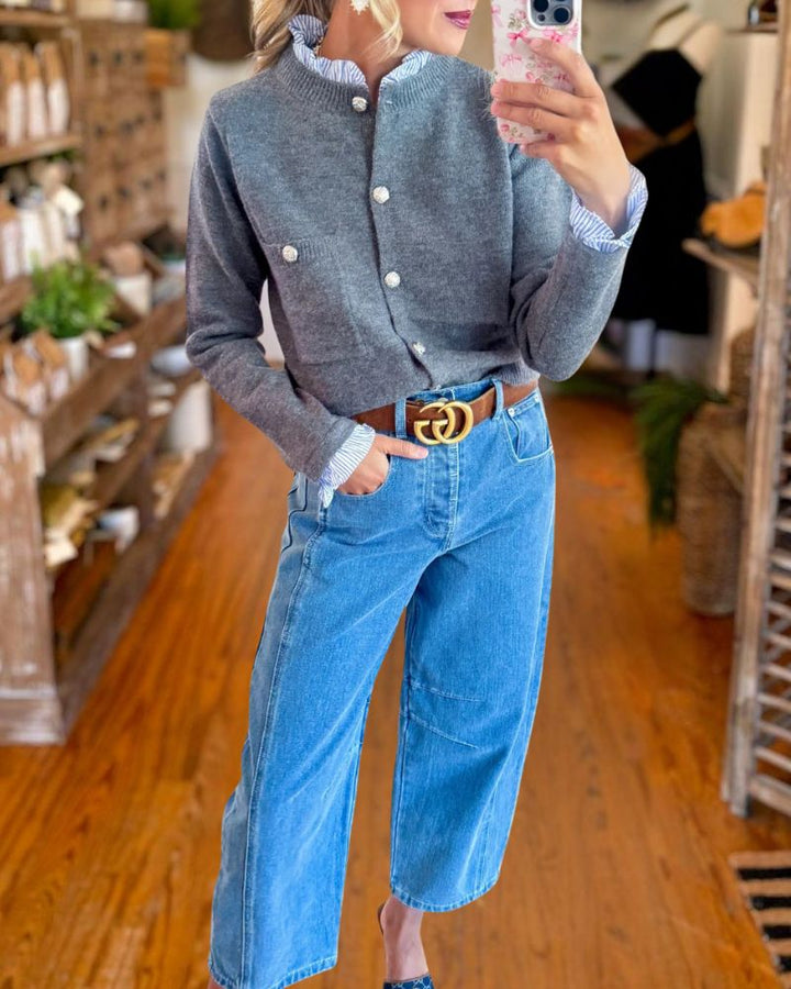 Preppy Knit Cardigan with Shirt Collar