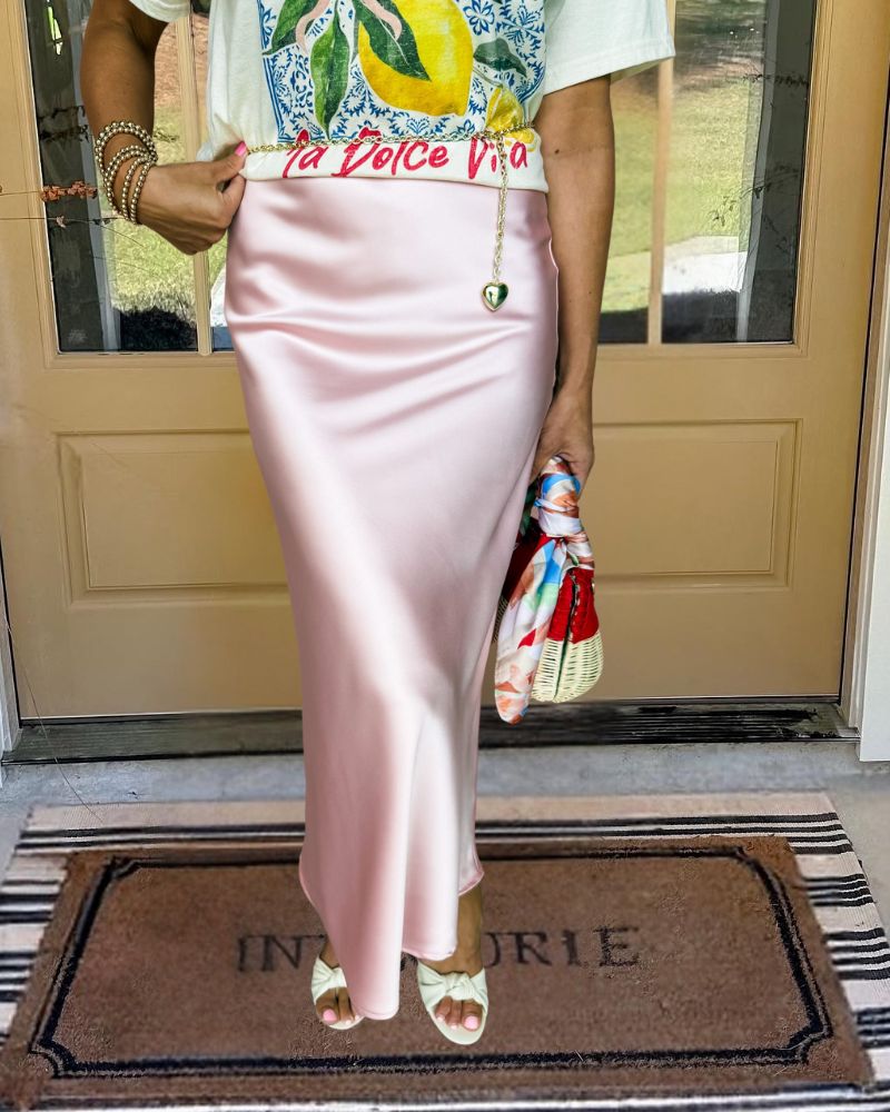 Elegant Satin Pink Maxi Skirt