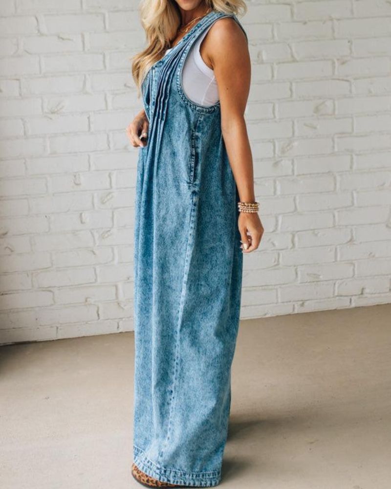 Pleated Sleeveless Denim Jumpsuit