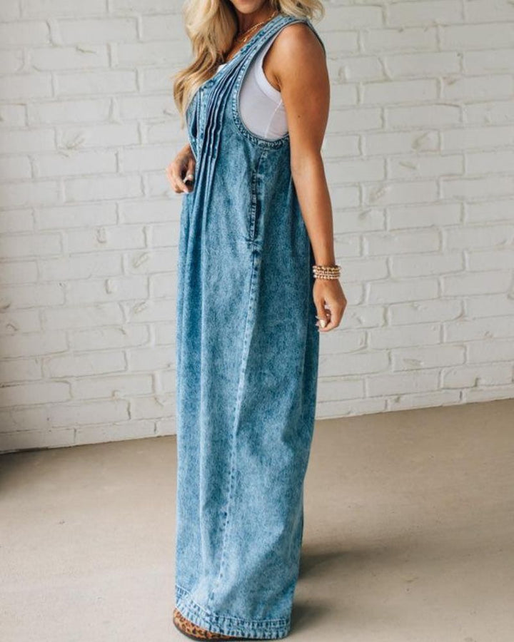 Pleated Sleeveless Denim Jumpsuit