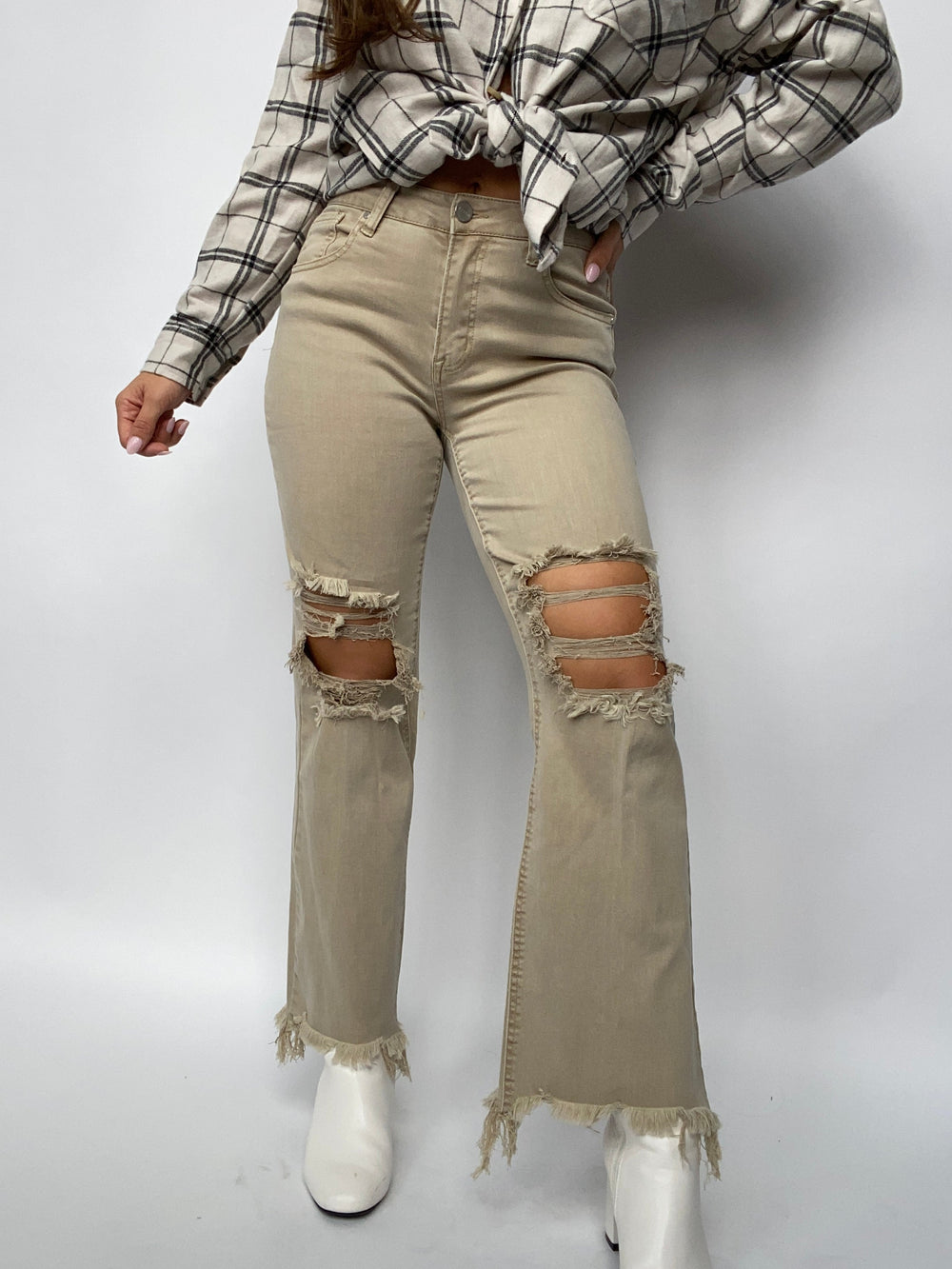 High Rise Sand Straight Leg Distressed Jeans