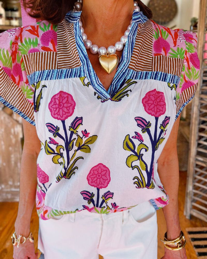 Comfortable Garden Print V-Neck Top