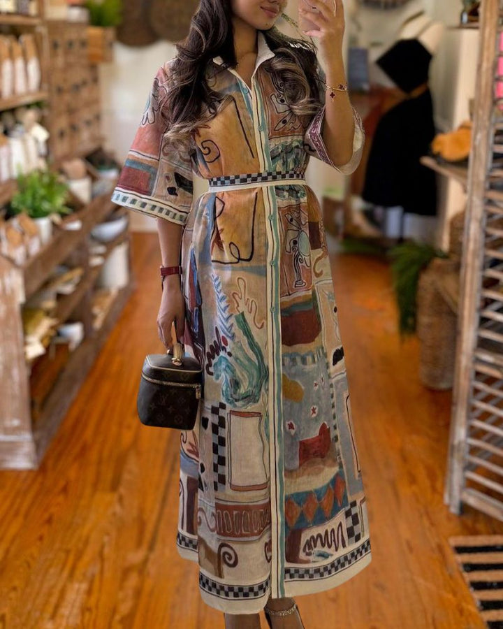 Elegant Waist-Tie Printed Linen Dress