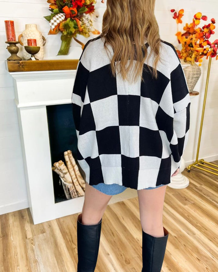 Casual Loose Color Block Plaid Knit Cardigan