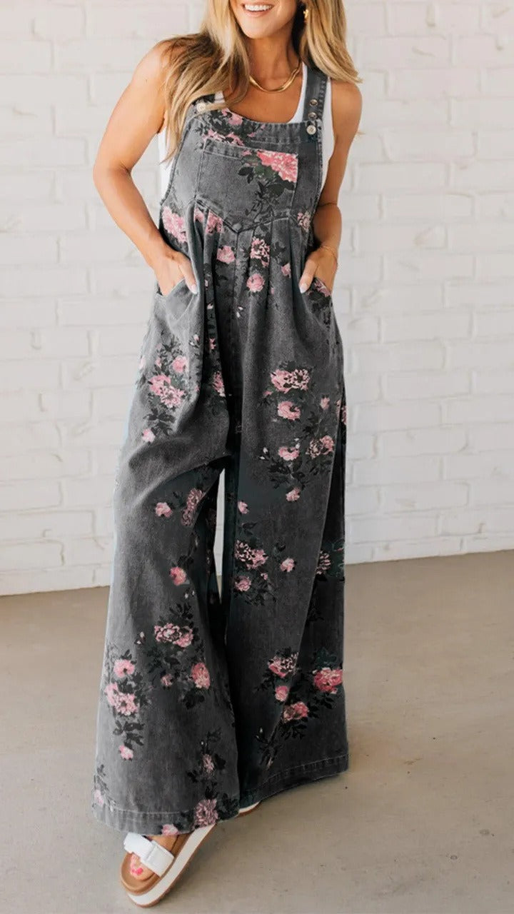 Floral Denim Sleeveless Jumpsuit