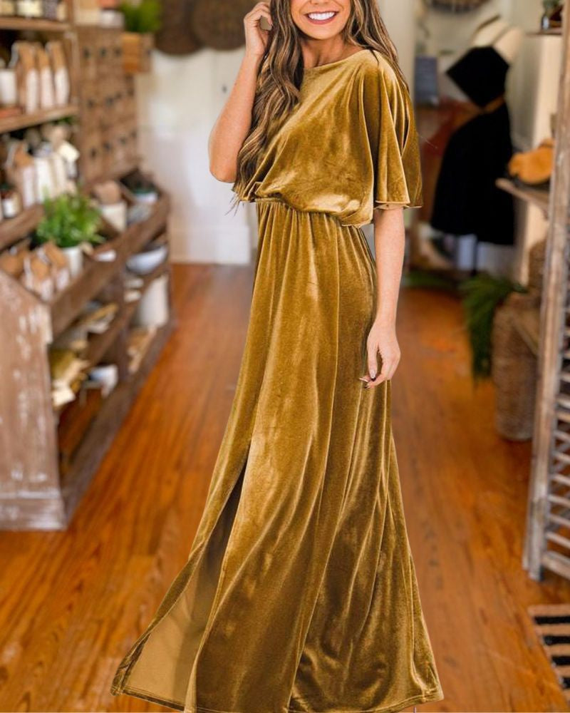 Elegant Sexy Gold Velvet Evening Dress 