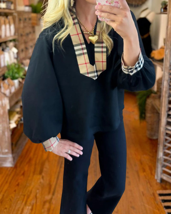 Black Plaid Collar Blouse