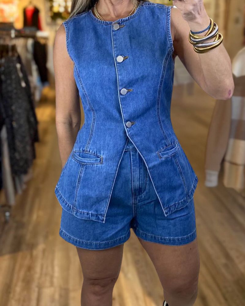 Fashion Washed Denim Vest Shorts Set