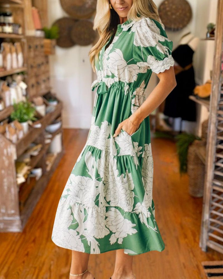 Elegant Green Floral Midi Dress 