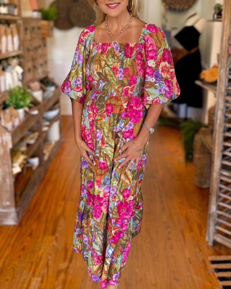 Tropical Floral Smocked Midi Dress