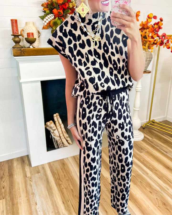Trendy Sleeveless Leopard Print High-Neck Set