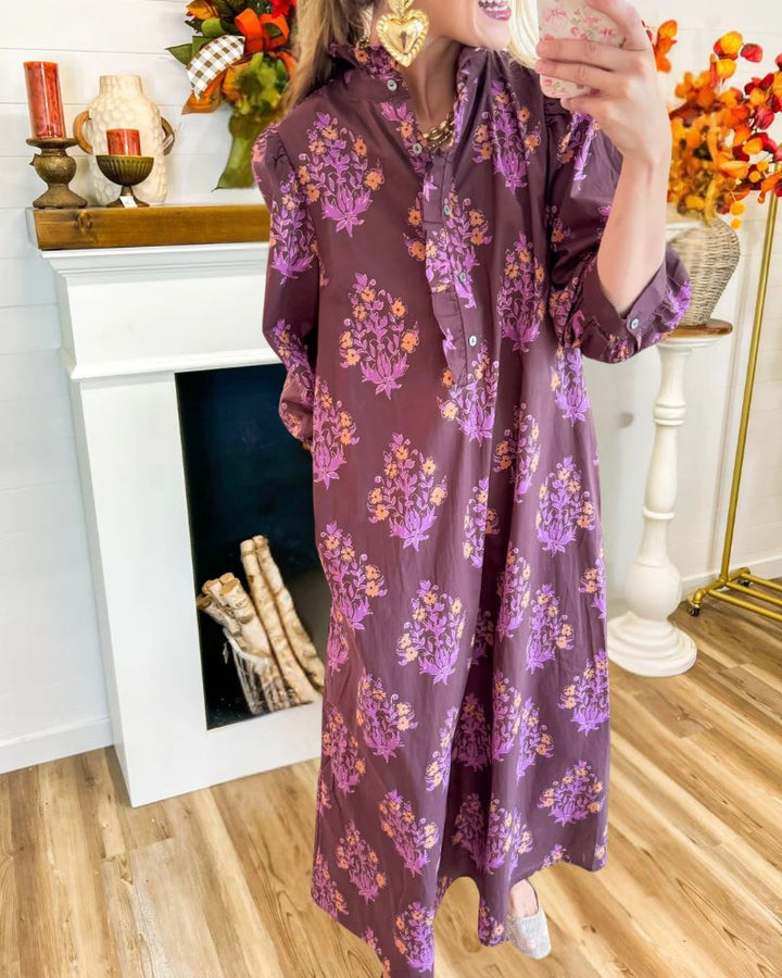 Vintage Floral Print Long Sleeve Maxi Dress