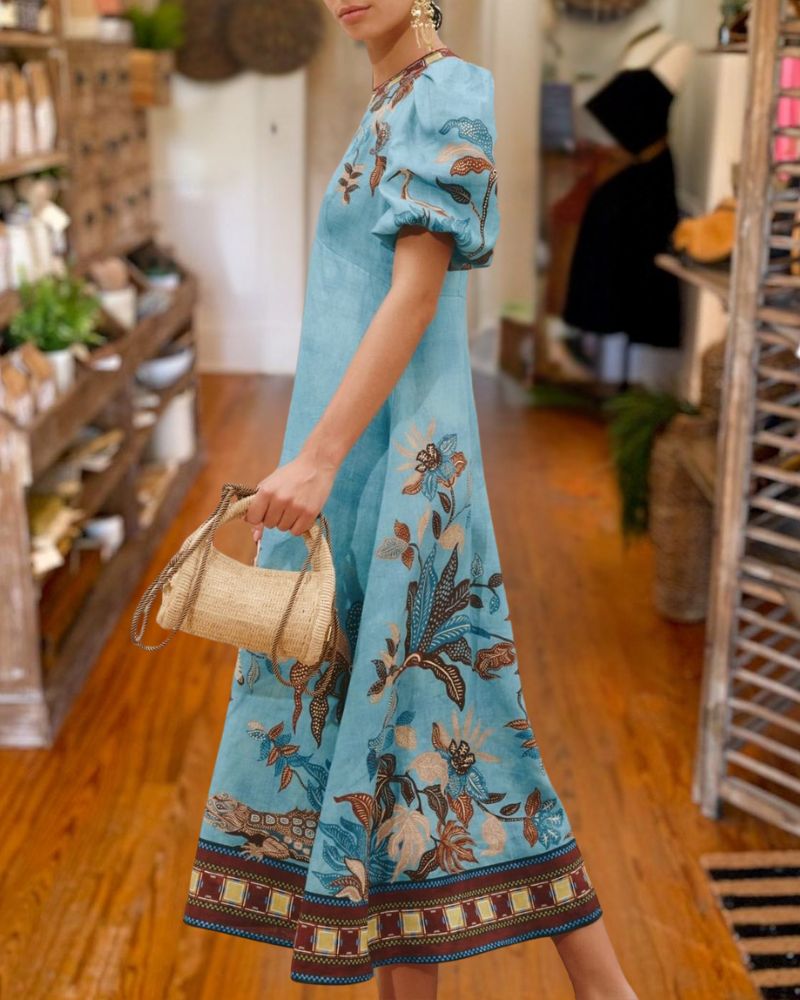 Designer Inspired Blue Botanical Puff Sleeve Maxi Dress