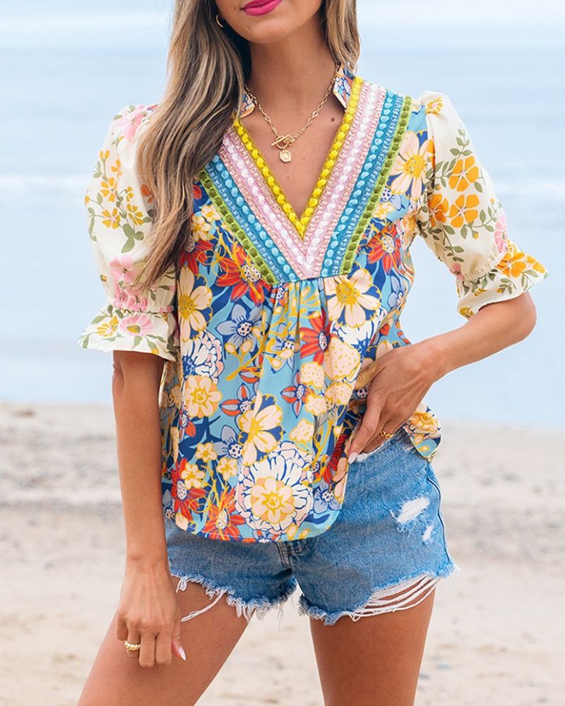 Printed Short-Sleeve Chiffon Shirt