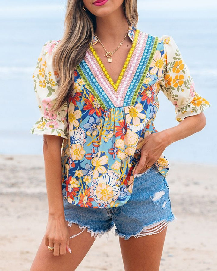 Printed Short-Sleeve Chiffon Shirt