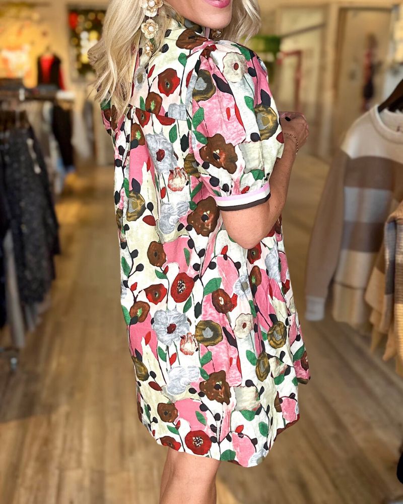 Fashionable Stand Collar Floral Print Dress
